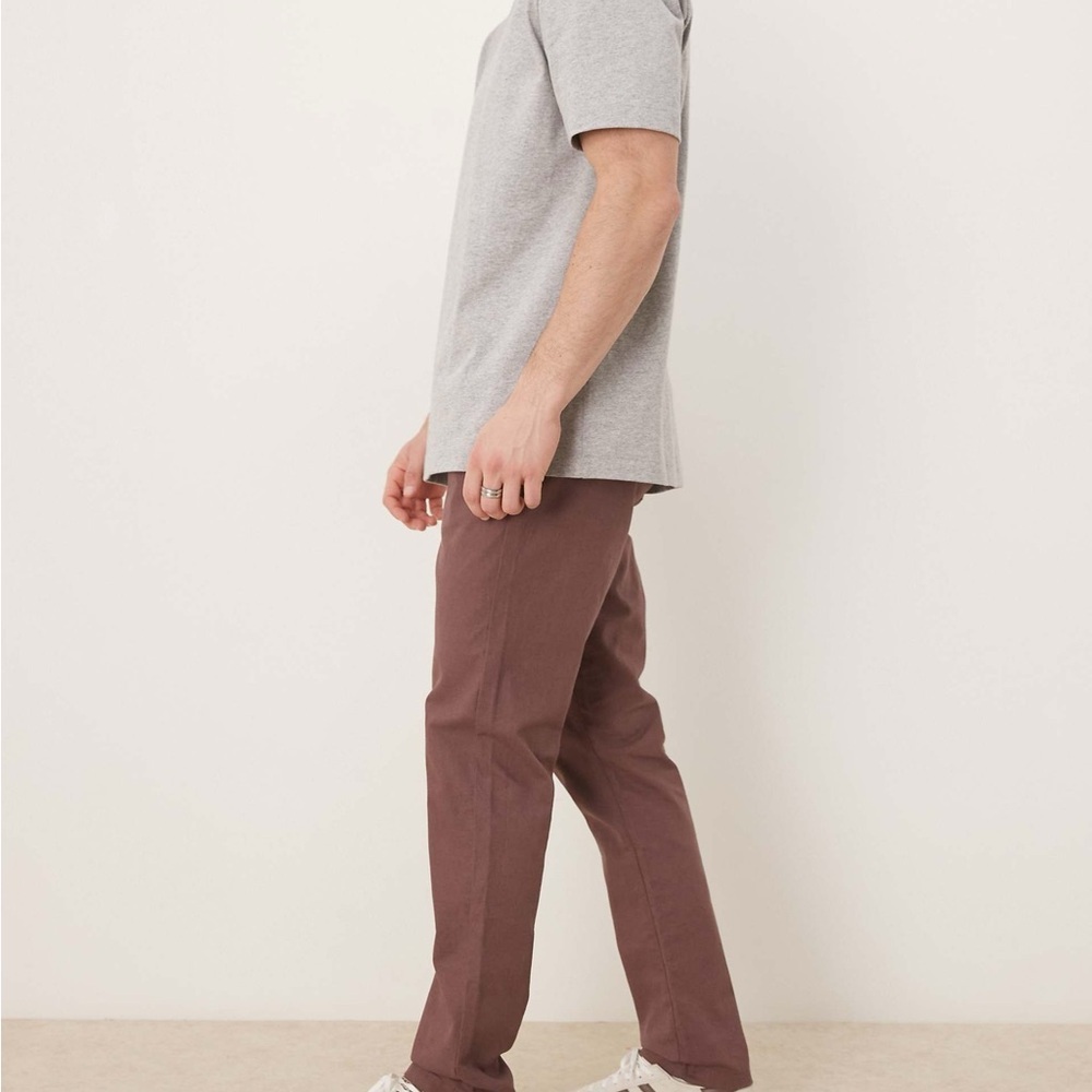 ASOS DEISGN linen mix slim pants with elastic waist in brown size large